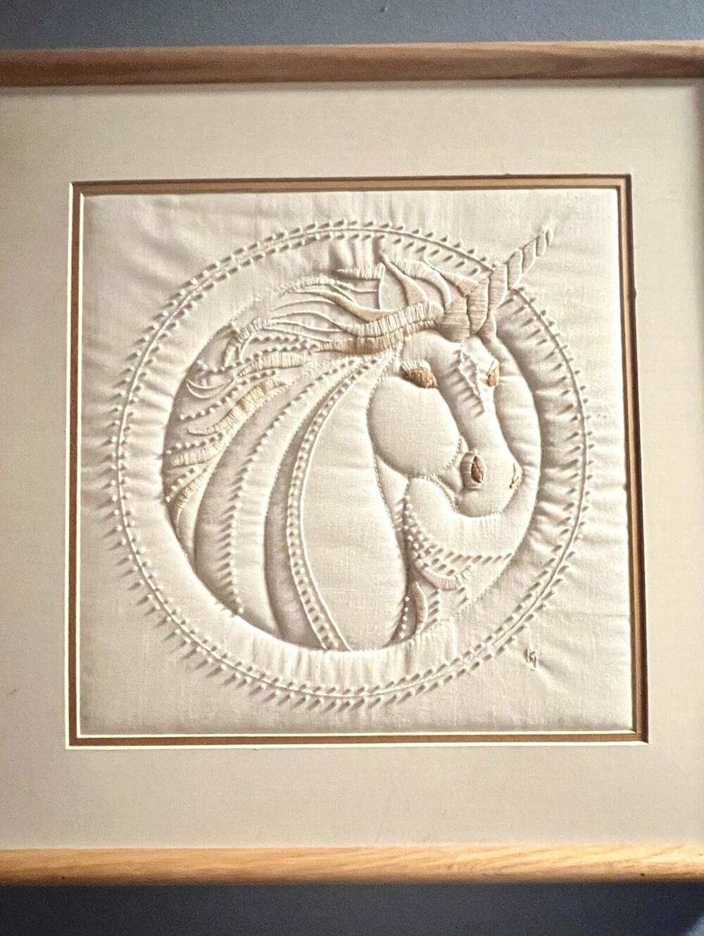 Vintage Framed Trapunto Unicorn Textile Art 21x21 Nursery Kids Room Decor